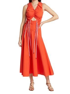 AKNVAS Jackson Orange Cut-Out Drawstring Collared Sleeveless Midi Dress Size 0